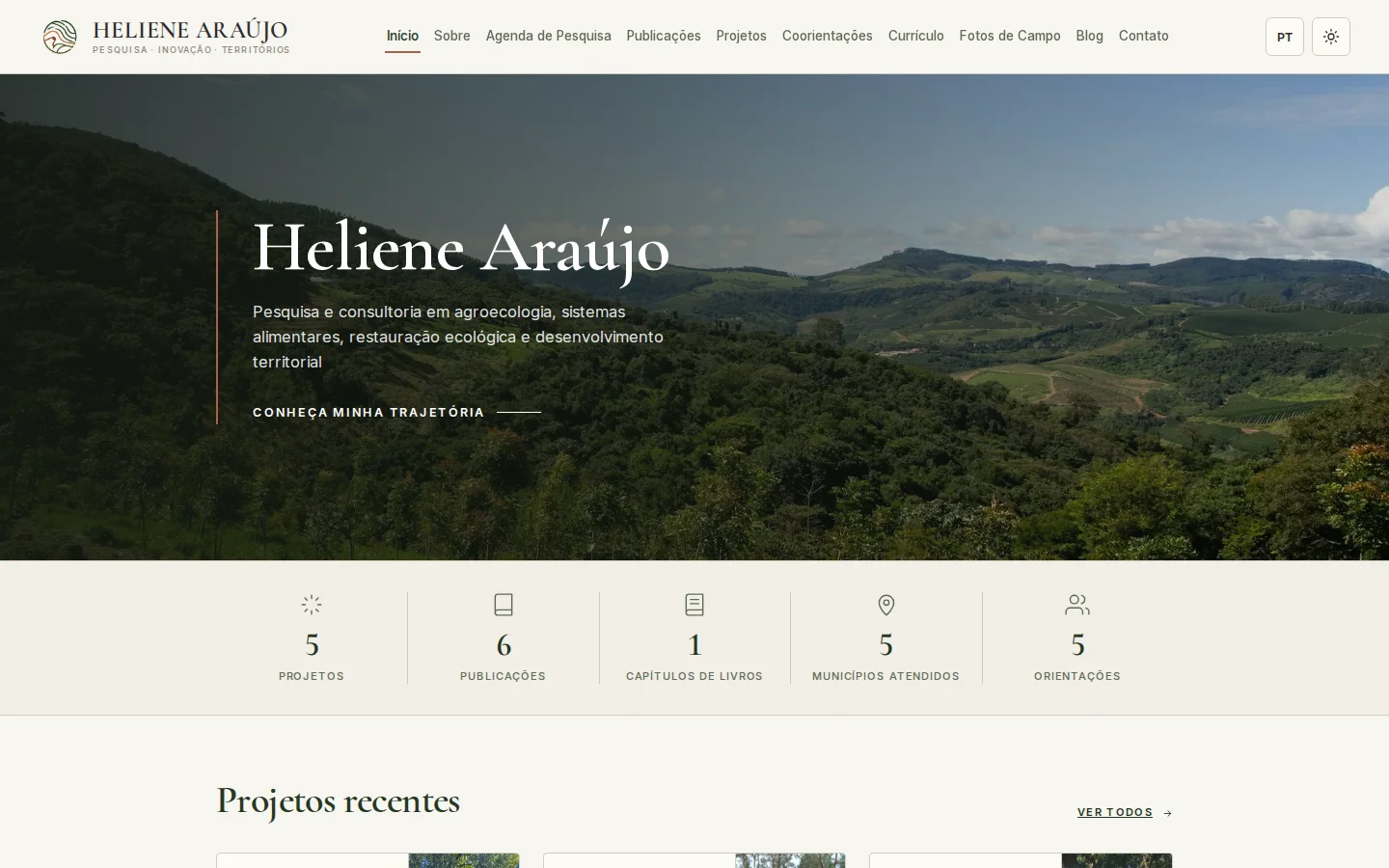 Home do site de Heliene Araújo com indicadores contados ao vivo